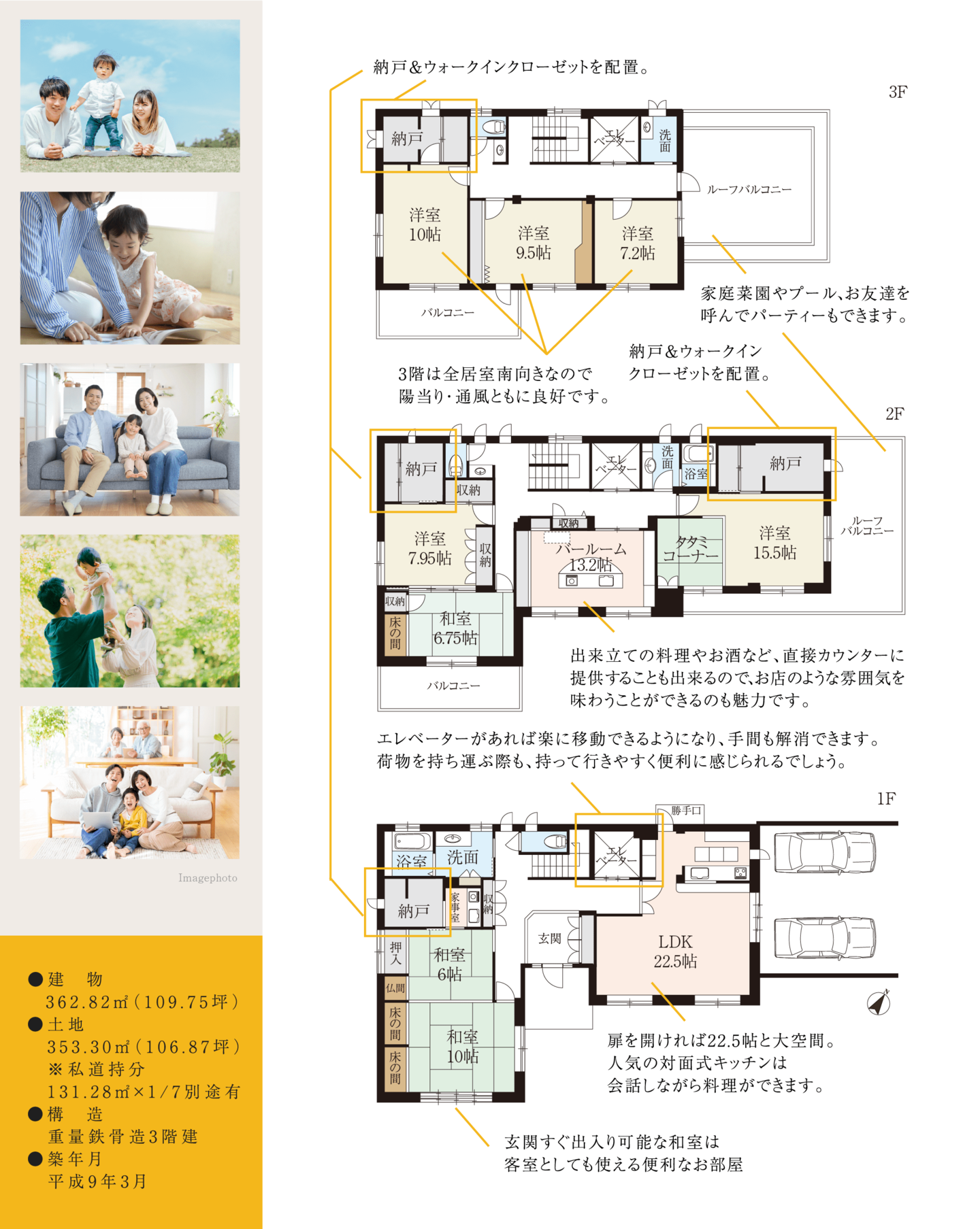 建物109坪、三方角地、ガレージ2台可の間取り。